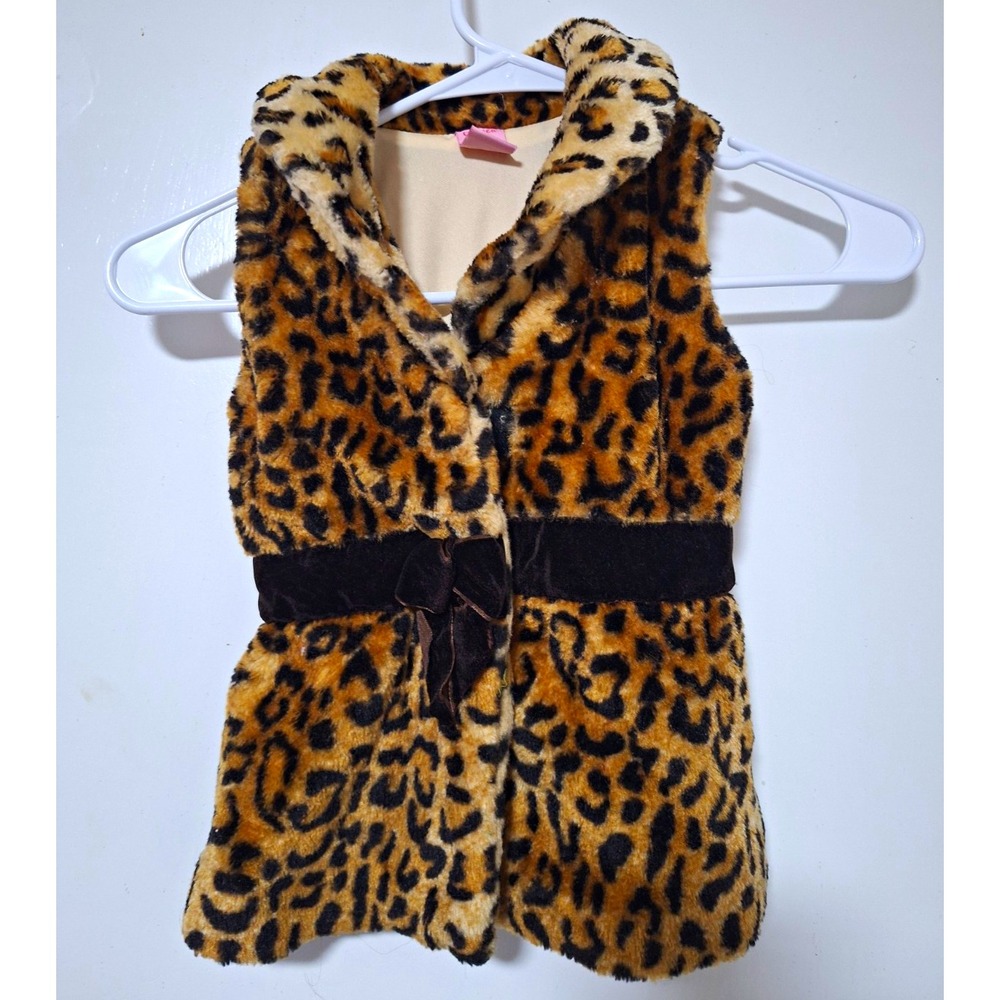 Copper Key Girls 3T Leopard Faux Fur Vest Velvet Bow Trim Animal Print Collar